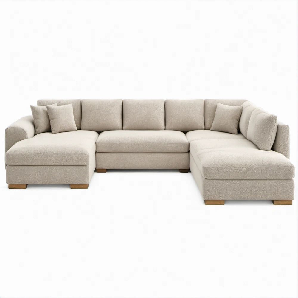 Sofá modular em U bege com pés castanhos 330 x 165 x 85 cm