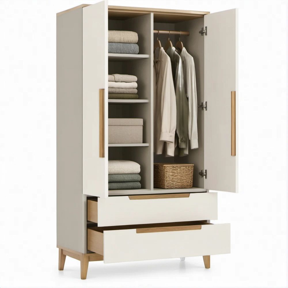 Roupeiro Branco e Madeira Natural 100 x 50 x 200 cm com 2 Portas, 2 Gavetas e Varão