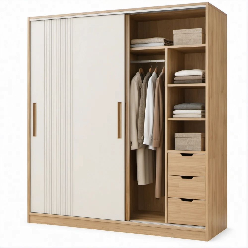 Roupeiro com 2 Portas de Correr, 3 Gavetas e Prateleiras, Carvalho Natural e Branco Mate, 180 x 60 x 200 cm