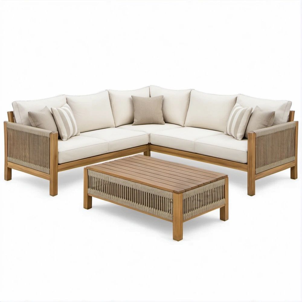 Conjunto de exterior de canto em madeira de acácia castanho natural, bege e branco, 220 x 220 x 75 cm