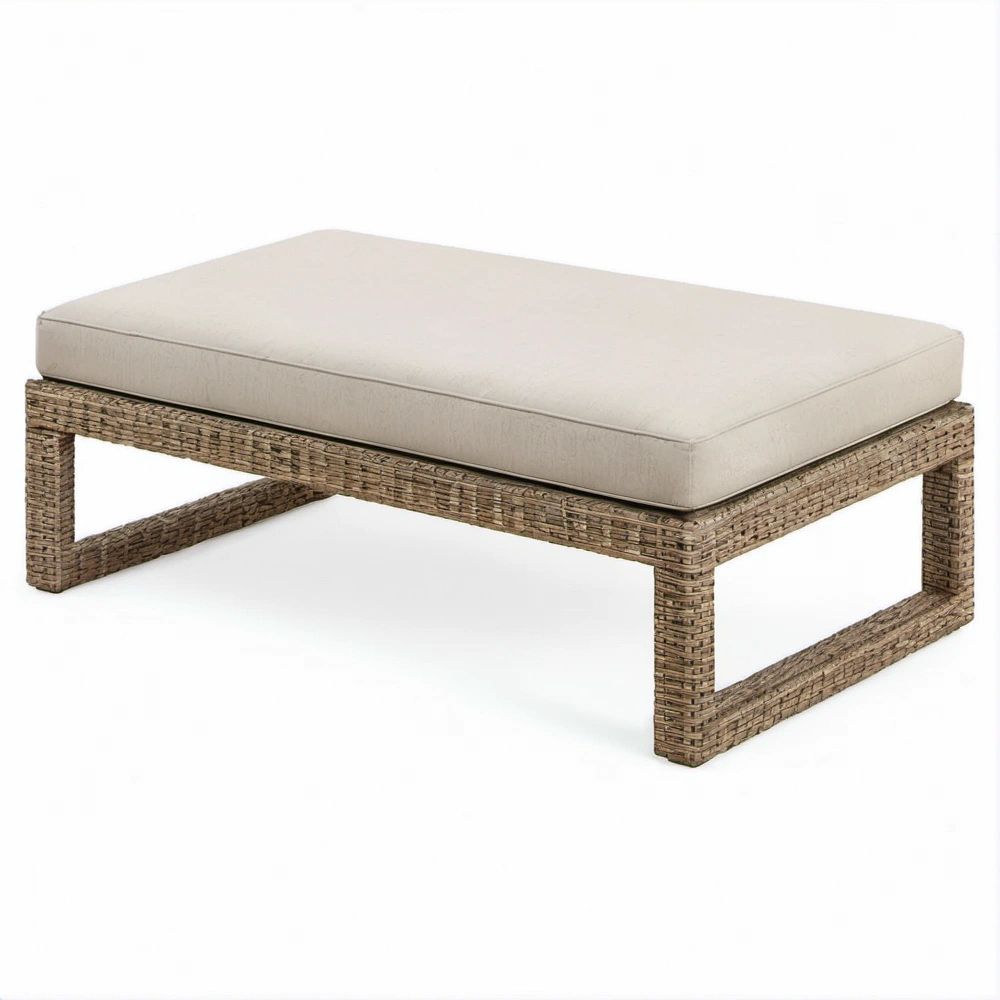 Apoio de Exterior em Vime PE Castanho-claro com Almofada Bege, 120 x 70 x 30 cm