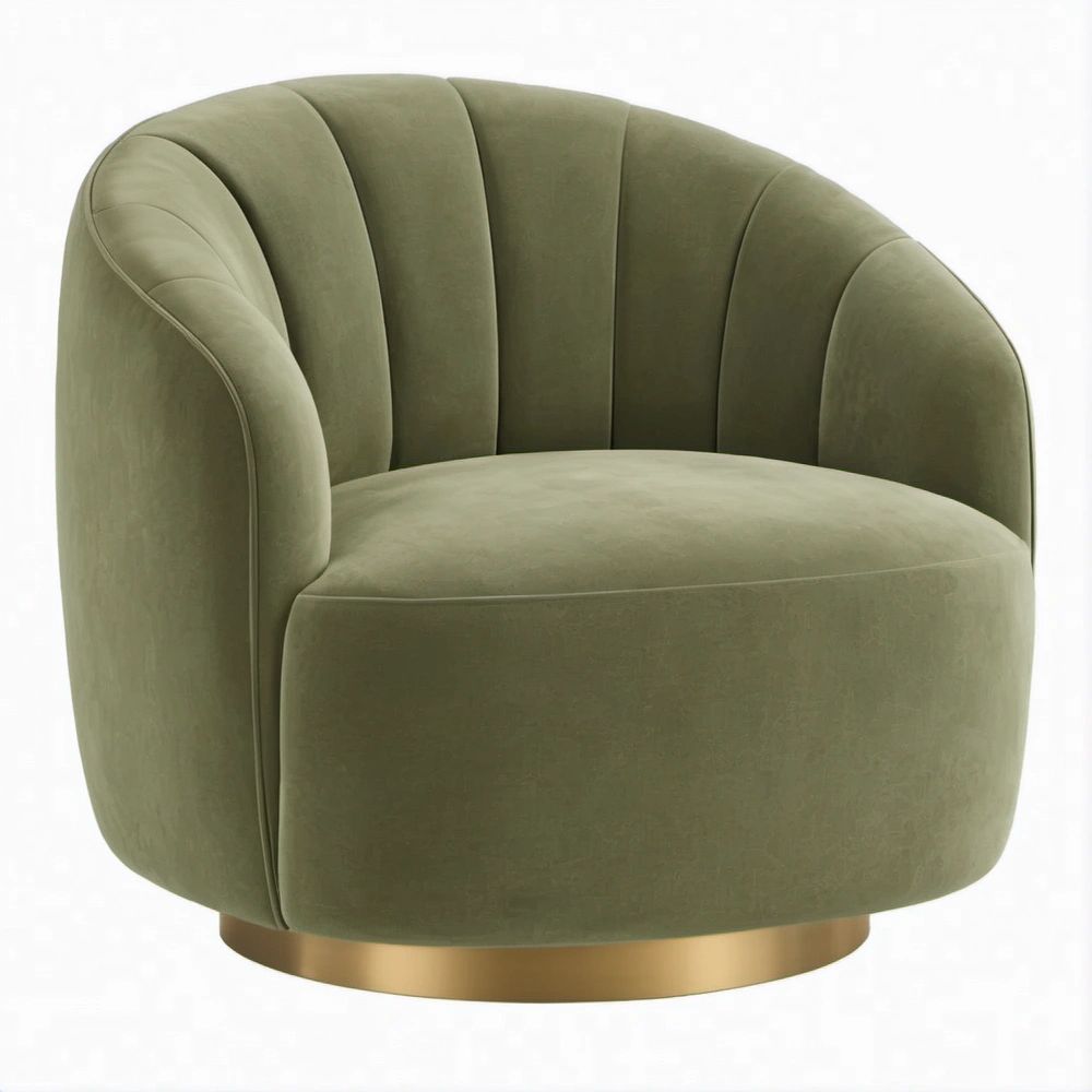 Poltrona Redonda em Veludo Verde-oliva com Base Dourada, 82 x 78 x 76 cm