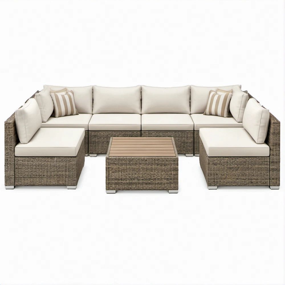 Conjunto modular de exterior em U com 8 peças, vime sintético castanho acinzentado e almofadas bege, 350 x 140 x 65 cm