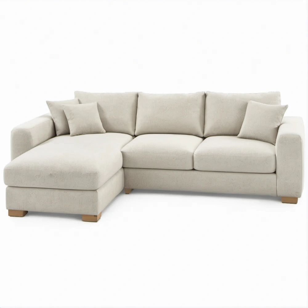 Sofá de Canto com Chaise Longue à Esquerda Bege com Pés Castanho-Claro 260 x 160 x 85 cm