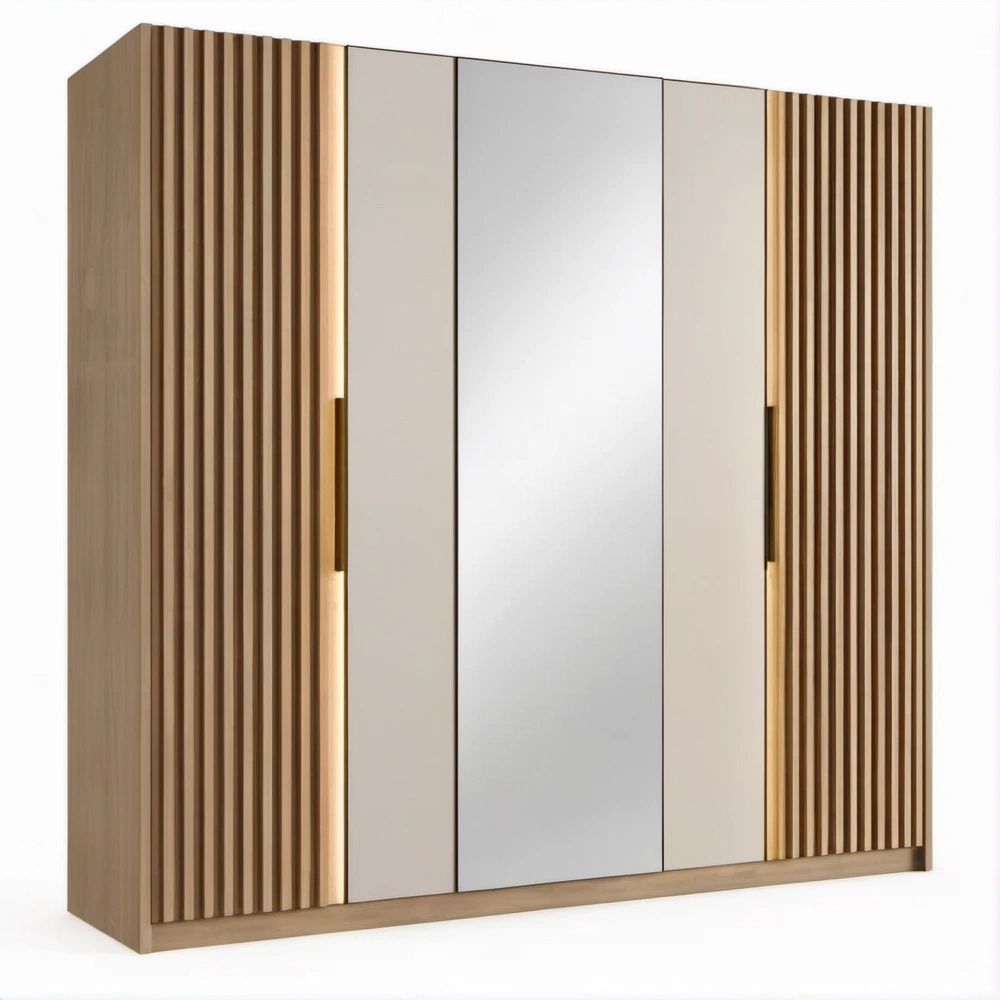 Roupeiro de 5 Portas com Espelho em MDF Carvalho Natural, Bege e Prata 240 x 60 x 220 cm