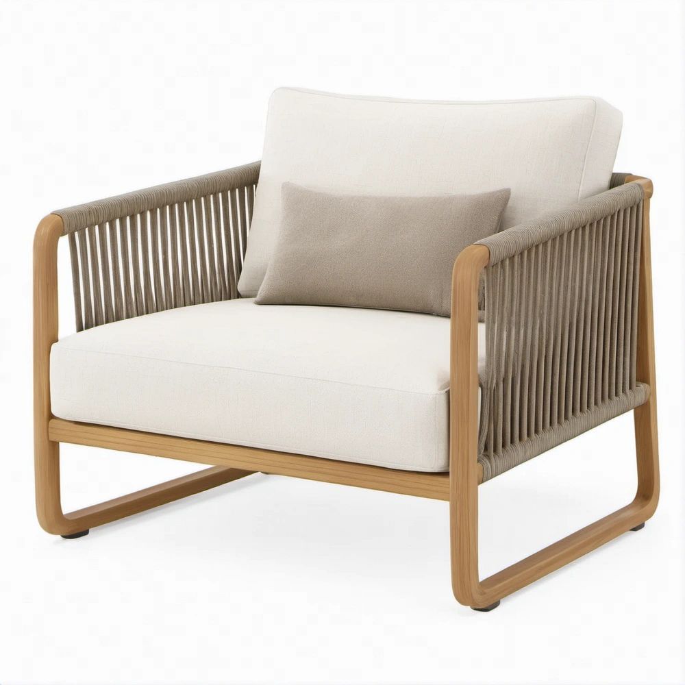 Poltrona de exterior em madeira maciça e corda Castanho-claro, Taupe, Branco e Bege, 85 x 80 x 80 cm