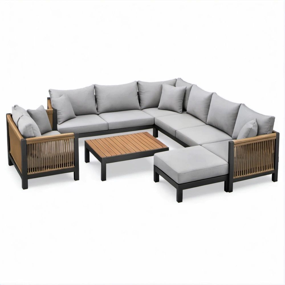 Conjunto de Jardim em L com Poltrona, Pufe e Mesa de Centro, Cinzento/Preto/Castanho, 280 x 220 cm
